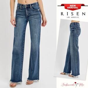 RISEN Tummy Control High Rise Waist Raw Hem Dark Wash Long Straight Denim Jeans